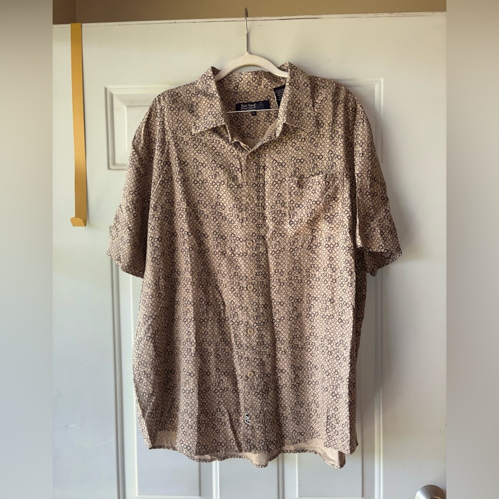 Nat Nast tan/black circle print silk blend shirt size XL